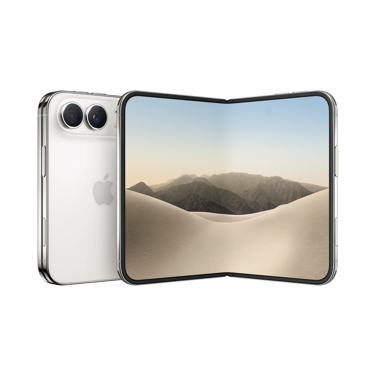 iPhone Duo цвета Star White: сложенный телефон сзади и раскрытый внутренний экран