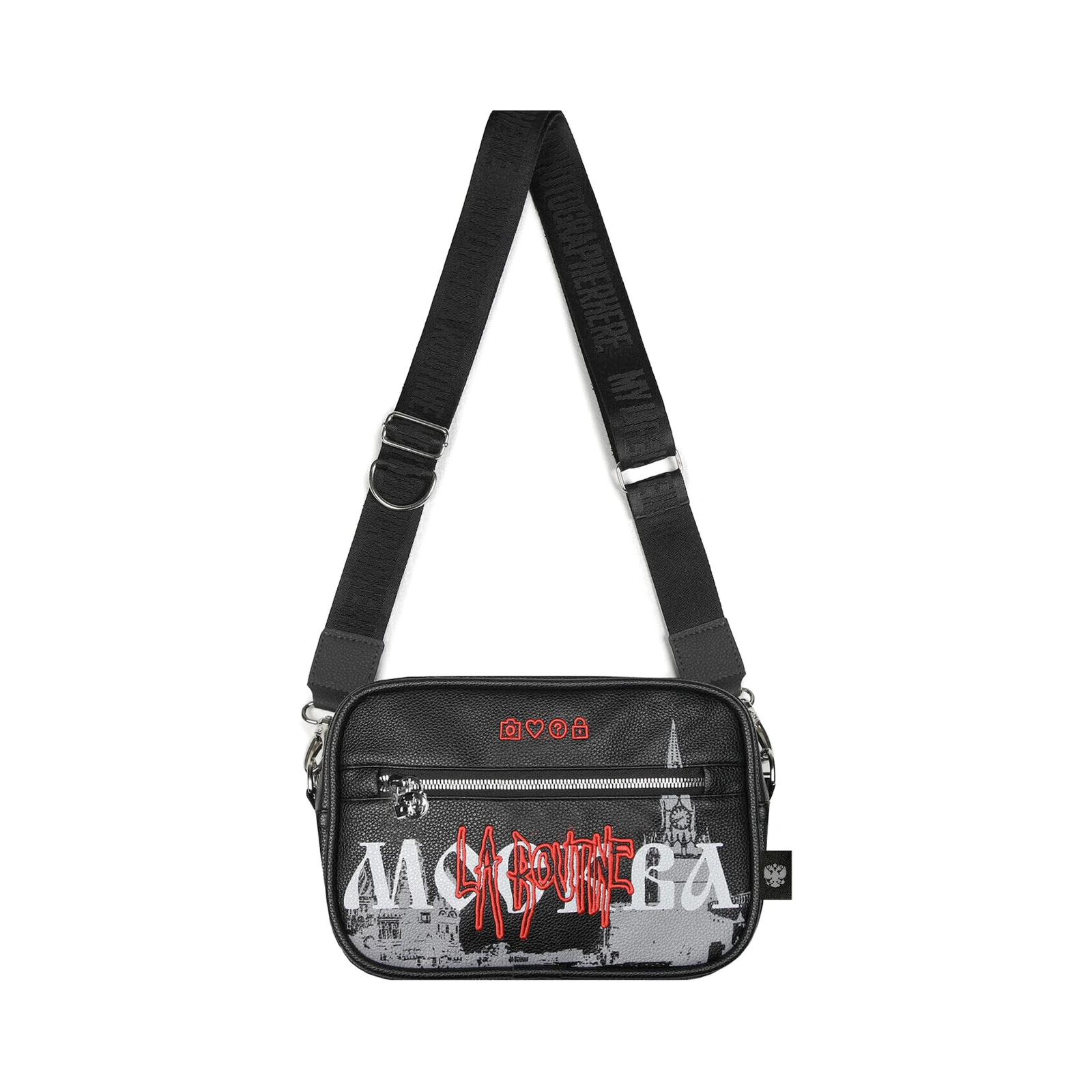 Чёрная сумка LA ROUTINE CITY.BAG с принтом «Москва» и ремнём