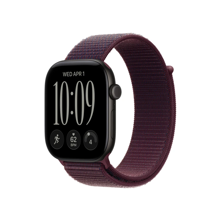 Apple Watch Series 12 в чёрном алюминиевом корпусе с бордовым ремешком Sport Loop, в три четверти