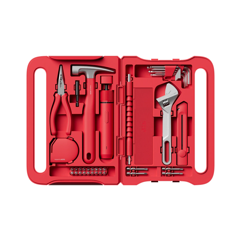 Открытый красный кейс HOTO NEON RED: отвёртка, молоток, плоскогубцы, ключ, рулетка и насадки в своих ячейках